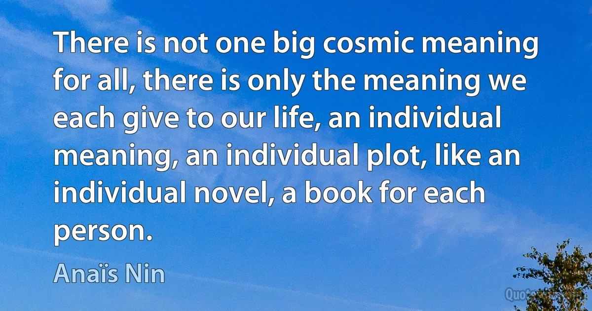 There is not one big cosmic meaning for all, there is only the meaning we each give to our life, an individual meaning, an individual plot, like an individual novel, a book for each person. (Anaïs Nin)