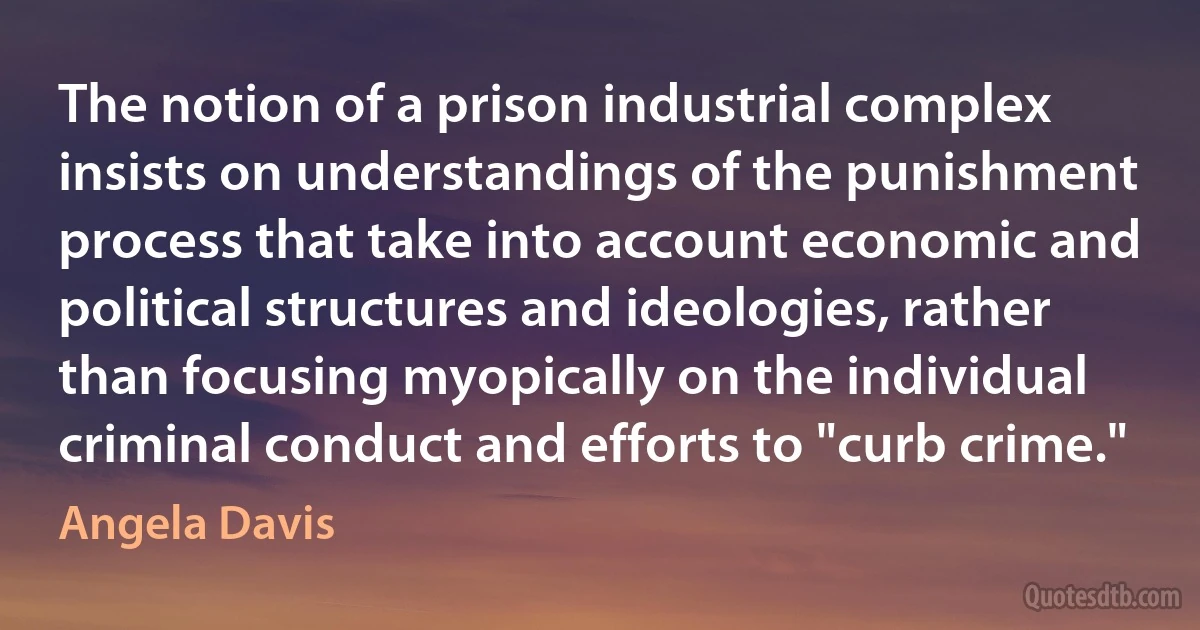 The notion of a prison industrial complex insists on understandings of the punishment process that take into account economic and political structures and ideologies, rather than focusing myopically on the individual criminal conduct and efforts to "curb crime." (Angela Davis)