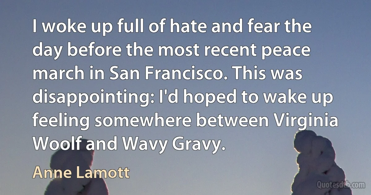 I woke up full of hate and fear the day before the most recent peace march in San Francisco. This was disappointing: I'd hoped to wake up feeling somewhere between Virginia Woolf and Wavy Gravy. (Anne Lamott)