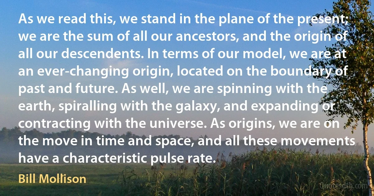 As we read this, we stand in the plane of the present; we are the sum of all our ancestors, and the origin of all our descendents. In terms of our model, we are at an ever-changing origin, located on the boundary of past and future. As well, we are spinning with the earth, spiralling with the galaxy, and expanding or contracting with the universe. As origins, we are on the move in time and space, and all these movements have a characteristic pulse rate. (Bill Mollison)