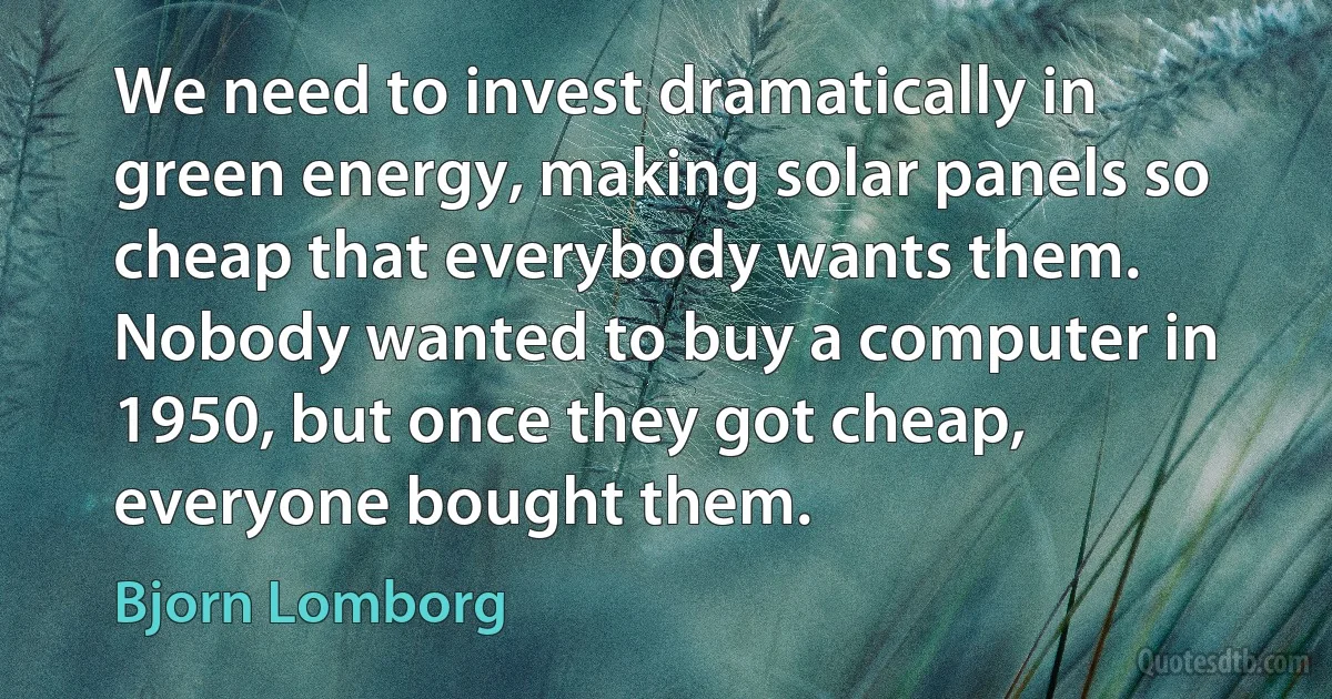 We need to invest dramatically in green energy, making solar panels so cheap that everybody wants them. Nobody wanted to buy a computer in 1950, but once they got cheap, everyone bought them. (Bjorn Lomborg)