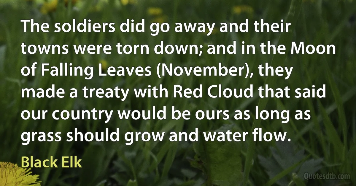 The soldiers did go away and their towns were torn down; and in the Moon of Falling Leaves (November), they made a treaty with Red Cloud that said our country would be ours as long as grass should grow and water flow. (Black Elk)