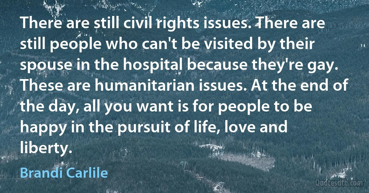 There are still civil rights issues. There are still people who can't be visited by their spouse in the hospital because they're gay. These are humanitarian issues. At the end of the day, all you want is for people to be happy in the pursuit of life, love and liberty. (Brandi Carlile)