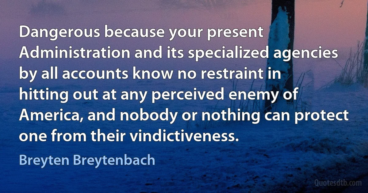 Dangerous because your present Administration and its specialized agencies by all accounts know no restraint in hitting out at any perceived enemy of America, and nobody or nothing can protect one from their vindictiveness. (Breyten Breytenbach)