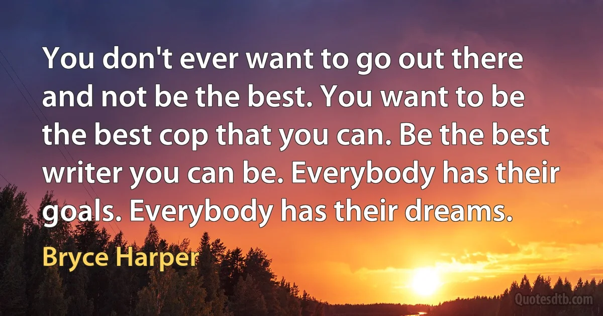 You don't ever want to go out there and not be the best. You want to be the best cop that you can. Be the best writer you can be. Everybody has their goals. Everybody has their dreams. (Bryce Harper)