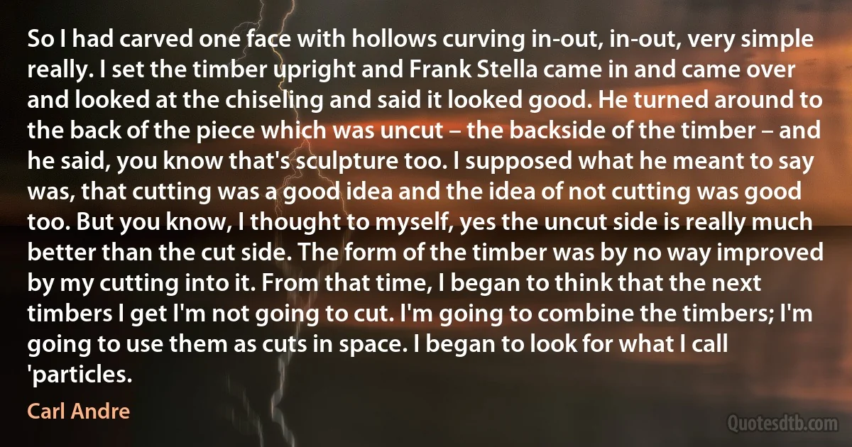 So I had carved one face with hollows curving in-out, in-out, very simple really. I set the timber upright and Frank Stella came in and came over and looked at the chiseling and said it looked good. He turned around to the back of the piece which was uncut – the backside of the timber – and he said, you know that's sculpture too. I supposed what he meant to say was, that cutting was a good idea and the idea of not cutting was good too. But you know, I thought to myself, yes the uncut side is really much better than the cut side. The form of the timber was by no way improved by my cutting into it. From that time, I began to think that the next timbers I get I'm not going to cut. I'm going to combine the timbers; I'm going to use them as cuts in space. I began to look for what I call 'particles. (Carl Andre)