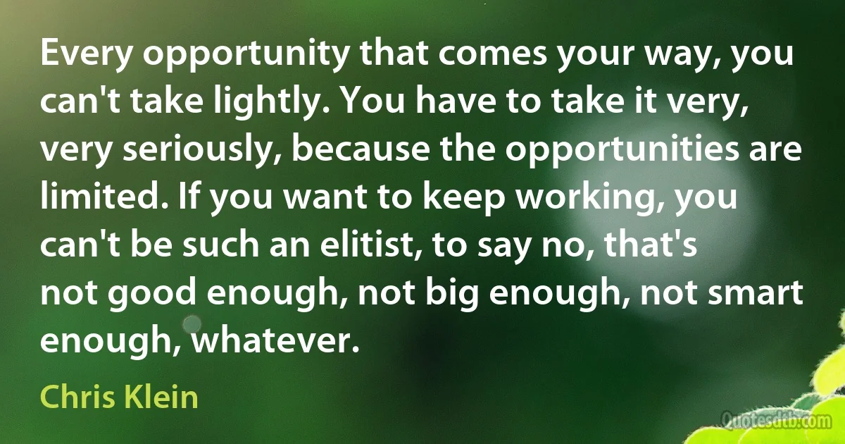 Every opportunity that comes your way, you can't take lightly. You have to take it very, very seriously, because the opportunities are limited. If you want to keep working, you can't be such an elitist, to say no, that's not good enough, not big enough, not smart enough, whatever. (Chris Klein)