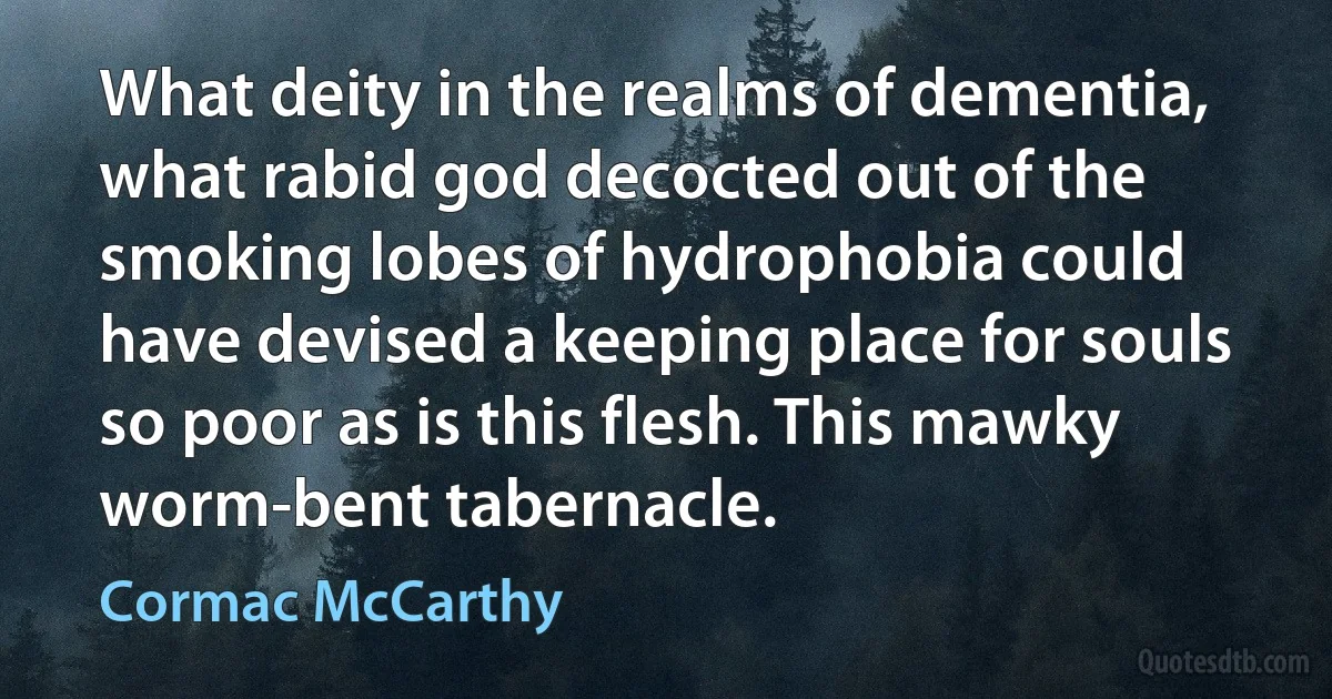 What deity in the realms of dementia, what rabid god decocted out of the smoking lobes of hydrophobia could have devised a keeping place for souls so poor as is this flesh. This mawky worm-bent tabernacle. (Cormac McCarthy)