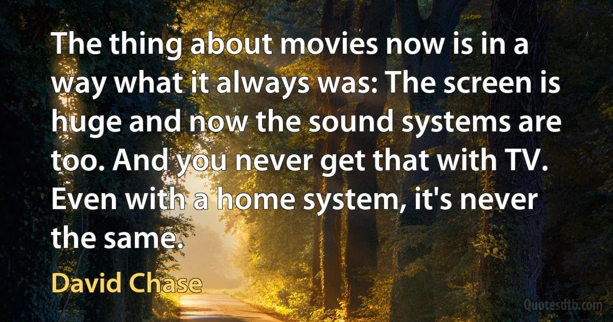 The thing about movies now is in a way what it always was: The screen is huge and now the sound systems are too. And you never get that with TV. Even with a home system, it's never the same. (David Chase)