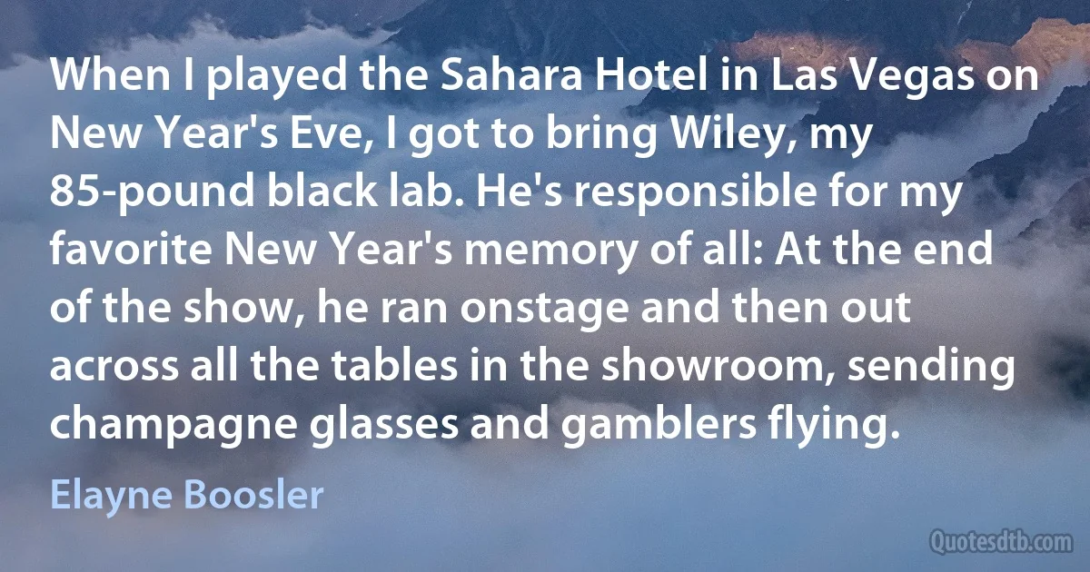 When I played the Sahara Hotel in Las Vegas on New Year's Eve, I got to bring Wiley, my 85-pound black lab. He's responsible for my favorite New Year's memory of all: At the end of the show, he ran onstage and then out across all the tables in the showroom, sending champagne glasses and gamblers flying. (Elayne Boosler)