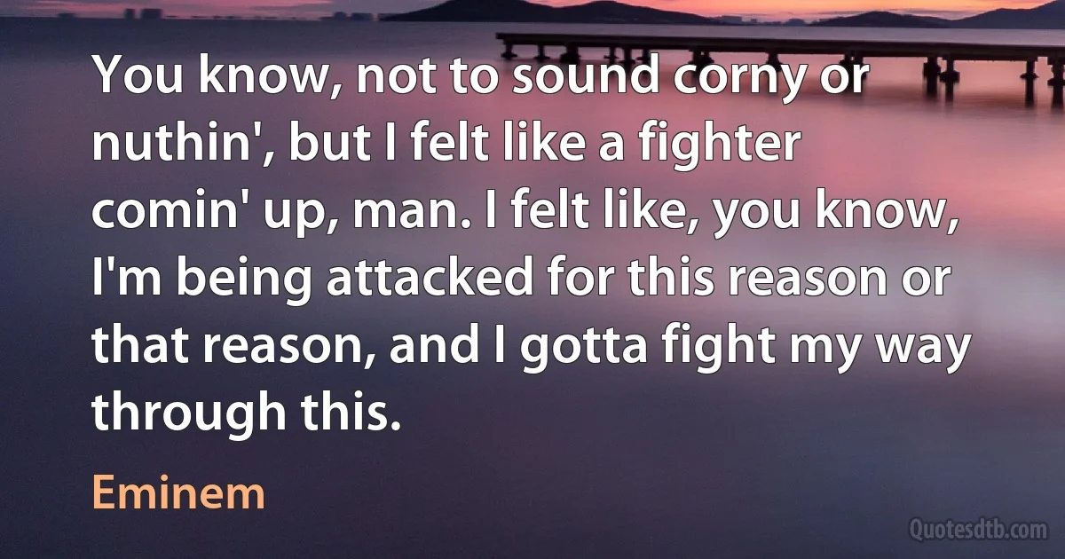 You know, not to sound corny or nuthin', but I felt like a fighter comin' up, man. I felt like, you know, I'm being attacked for this reason or that reason, and I gotta fight my way through this. (Eminem)