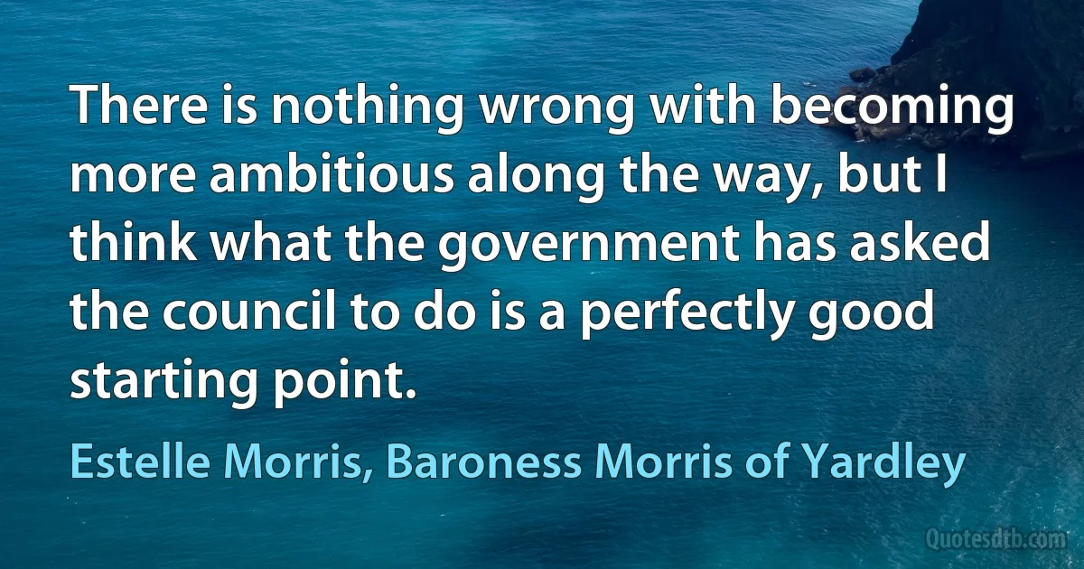 There is nothing wrong with becoming more ambitious along the way, but I think what the government has asked the council to do is a perfectly good starting point. (Estelle Morris, Baroness Morris of Yardley)