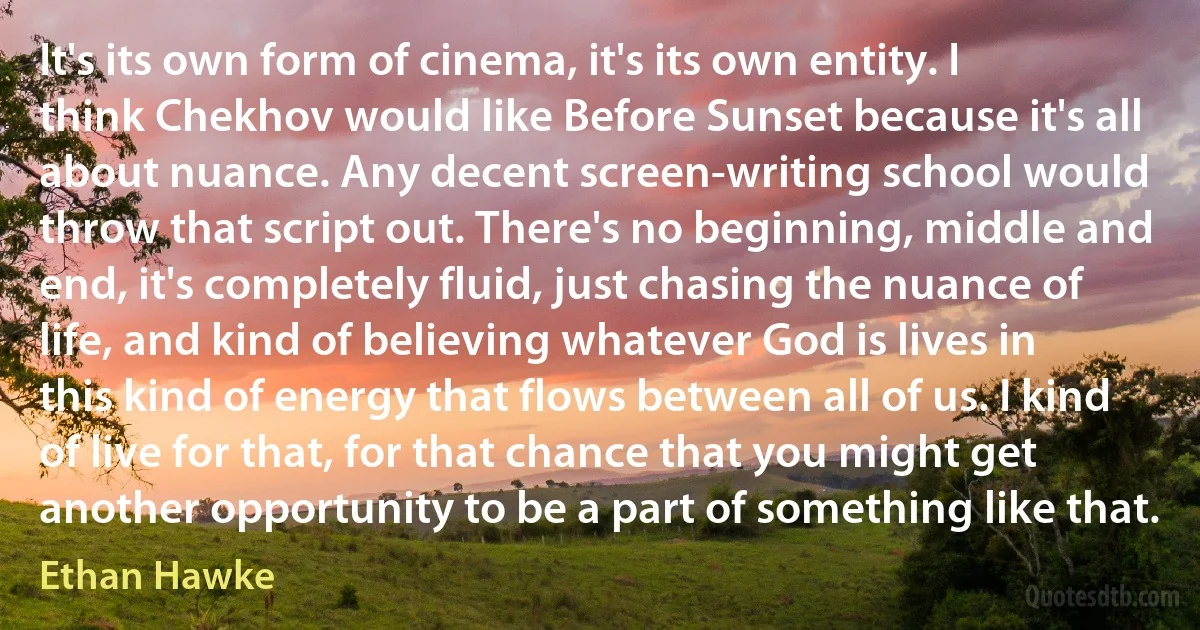 It's its own form of cinema, it's its own entity. I think Chekhov would like Before Sunset because it's all about nuance. Any decent screen-writing school would throw that script out. There's no beginning, middle and end, it's completely fluid, just chasing the nuance of life, and kind of believing whatever God is lives in this kind of energy that flows between all of us. I kind of live for that, for that chance that you might get another opportunity to be a part of something like that. (Ethan Hawke)