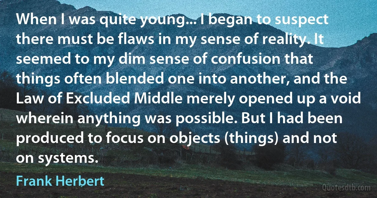 When I was quite young... I began to suspect there must be flaws in my sense of reality. It seemed to my dim sense of confusion that things often blended one into another, and the Law of Excluded Middle merely opened up a void wherein anything was possible. But I had been produced to focus on objects (things) and not on systems. (Frank Herbert)