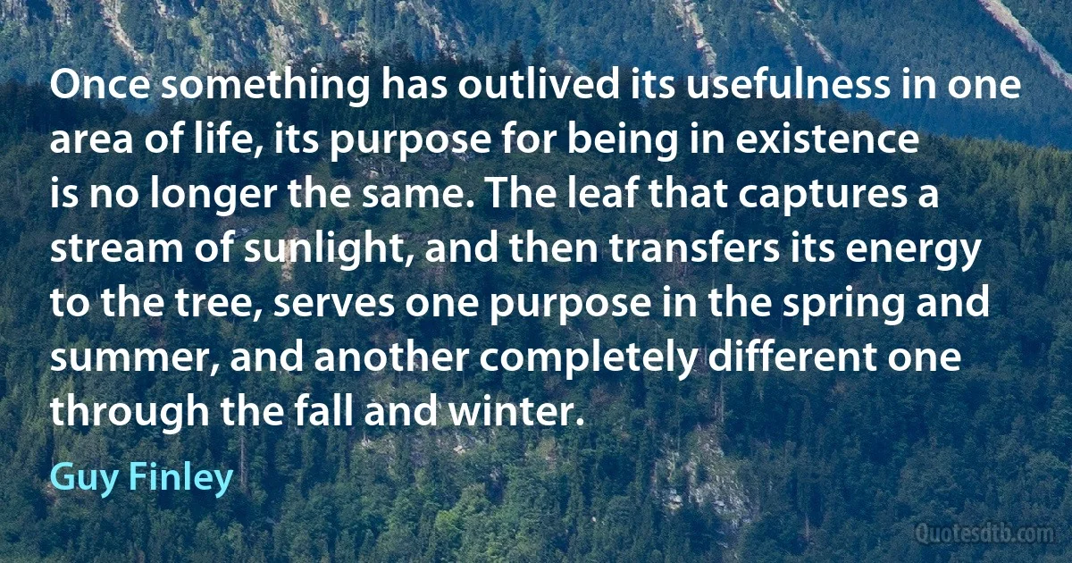 Once something has outlived its usefulness in one area of life, its purpose for being in existence is no longer the same. The leaf that captures a stream of sunlight, and then transfers its energy to the tree, serves one purpose in the spring and summer, and another completely different one through the fall and winter. (Guy Finley)