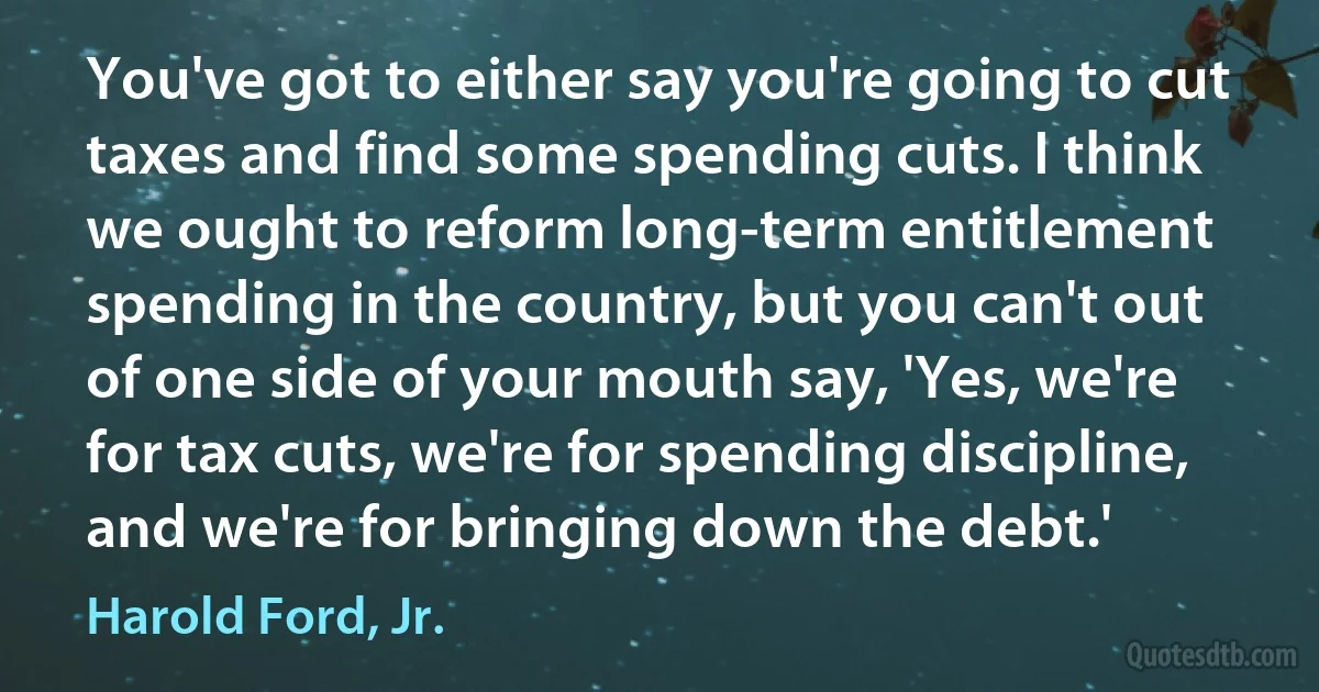 You've got to either say you're going to cut taxes and find some spending cuts. I think we ought to reform long-term entitlement spending in the country, but you can't out of one side of your mouth say, 'Yes, we're for tax cuts, we're for spending discipline, and we're for bringing down the debt.' (Harold Ford, Jr.)