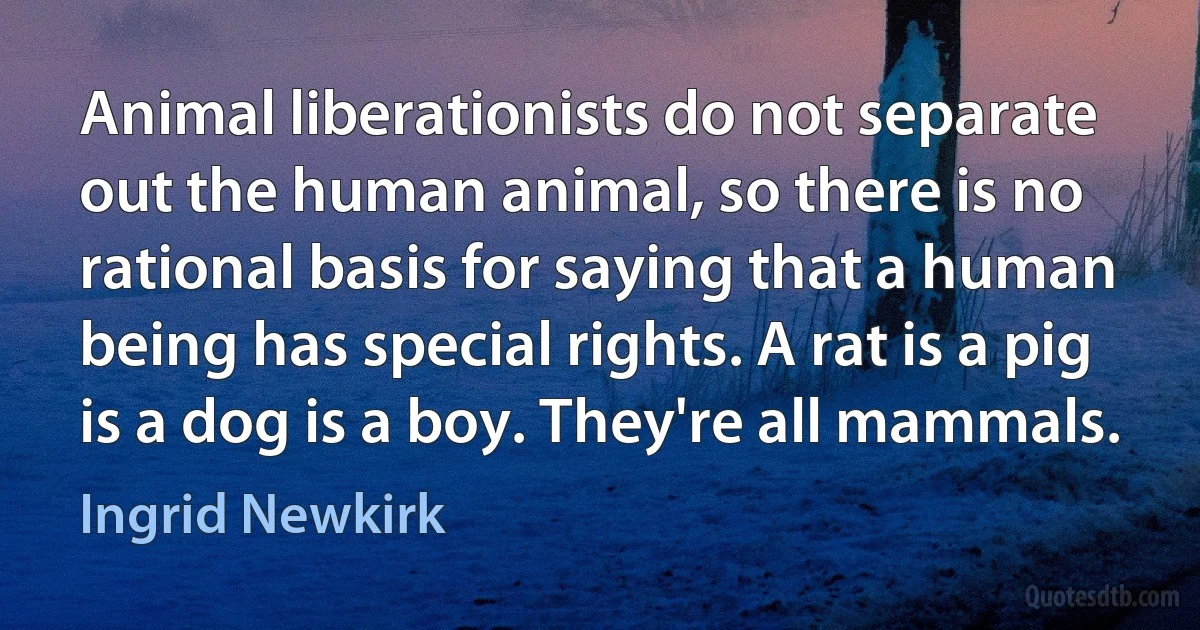 Animal liberationists do not separate out the human animal, so there is no rational basis for saying that a human being has special rights. A rat is a pig is a dog is a boy. They're all mammals. (Ingrid Newkirk)