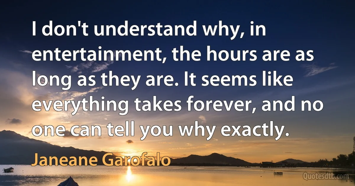 I don't understand why, in entertainment, the hours are as long as they are. It seems like everything takes forever, and no one can tell you why exactly. (Janeane Garofalo)