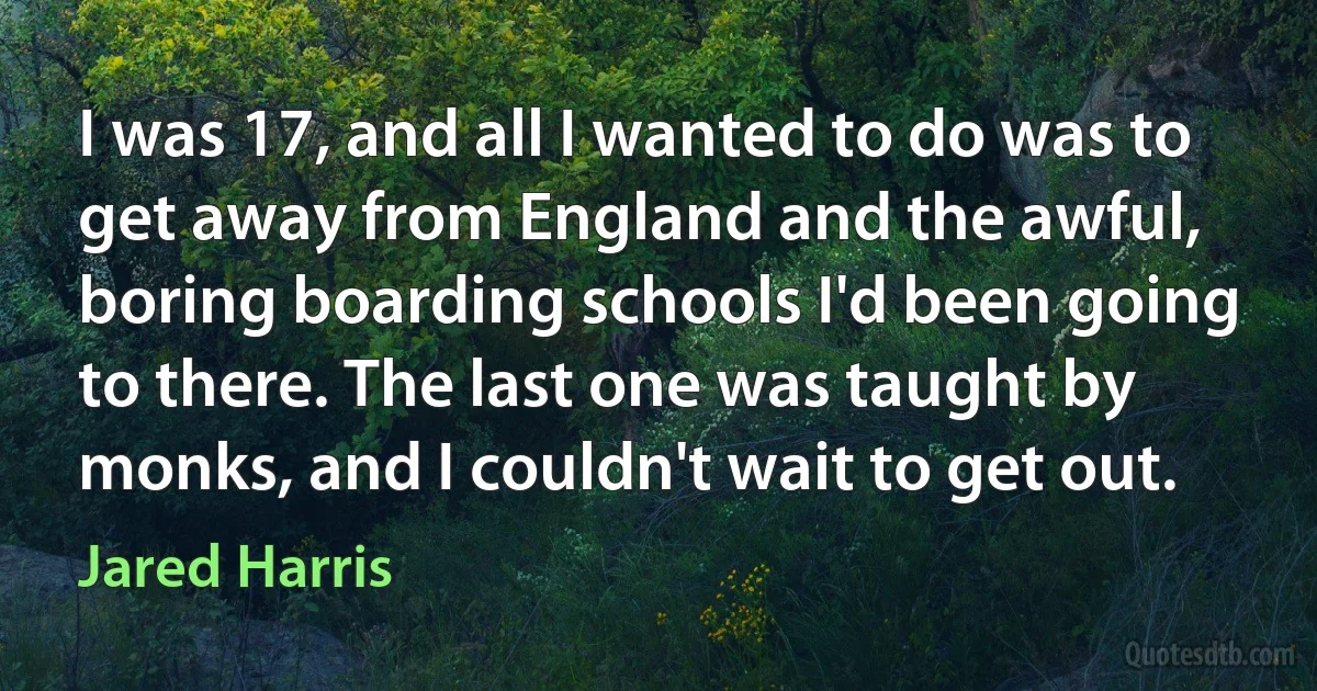 I was 17, and all I wanted to do was to get away from England and the awful, boring boarding schools I'd been going to there. The last one was taught by monks, and I couldn't wait to get out. (Jared Harris)