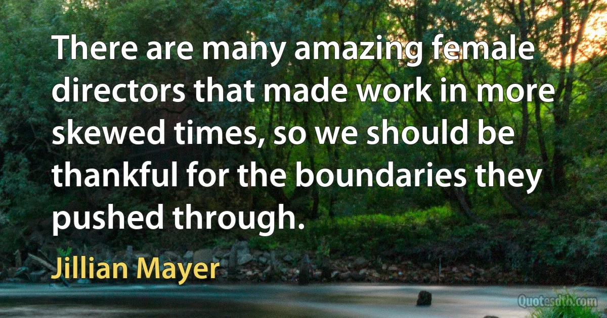 There are many amazing female directors that made work in more skewed times, so we should be thankful for the boundaries they pushed through. (Jillian Mayer)