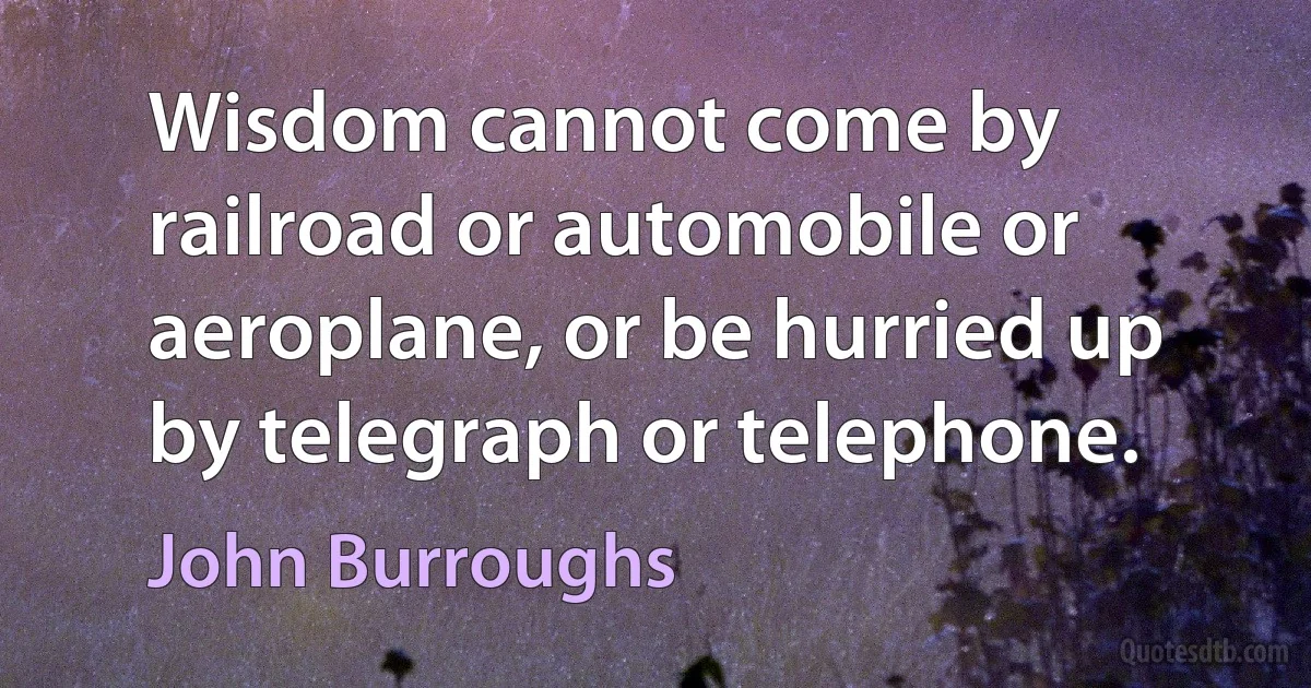 Wisdom cannot come by railroad or automobile or aeroplane, or be hurried up by telegraph or telephone. (John Burroughs)