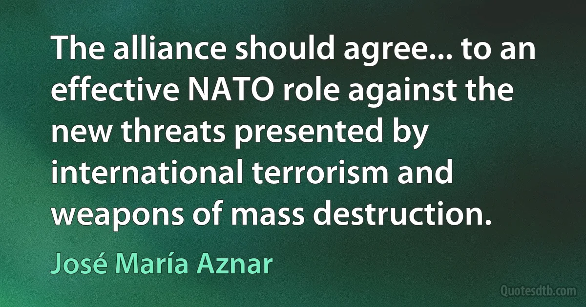 The alliance should agree... to an effective NATO role against the new threats presented by international terrorism and weapons of mass destruction. (José María Aznar)