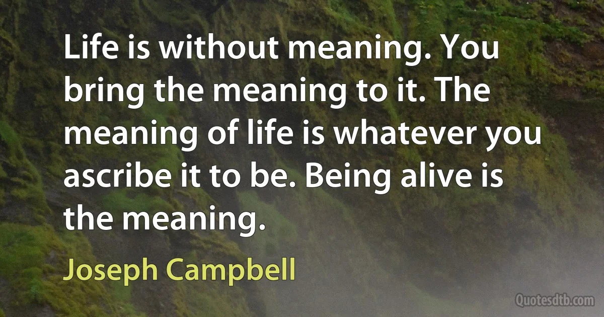 Life is without meaning. You bring the meaning to it. The meaning of life is whatever you ascribe it to be. Being alive is the meaning. (Joseph Campbell)