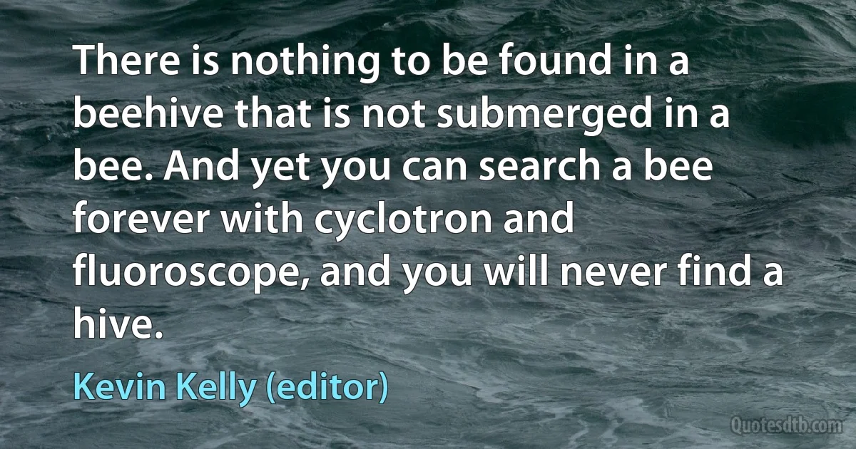 There is nothing to be found in a beehive that is not submerged in a bee. And yet you can search a bee forever with cyclotron and fluoroscope, and you will never find a hive. (Kevin Kelly (editor))