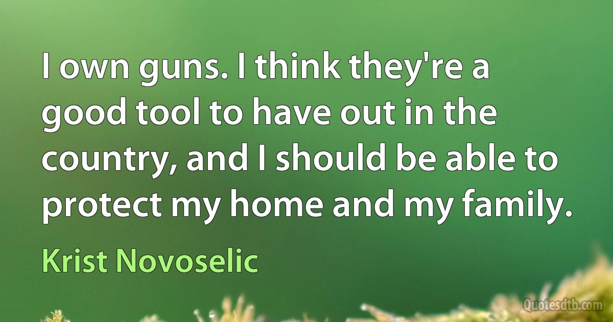 I own guns. I think they're a good tool to have out in the country, and I should be able to protect my home and my family. (Krist Novoselic)