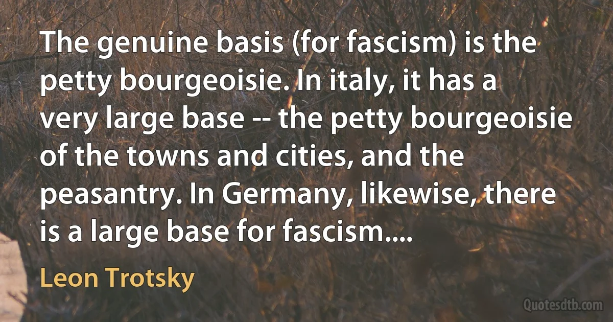 The genuine basis (for fascism) is the petty bourgeoisie. In italy, it has a very large base -- the petty bourgeoisie of the towns and cities, and the peasantry. In Germany, likewise, there is a large base for fascism.... (Leon Trotsky)