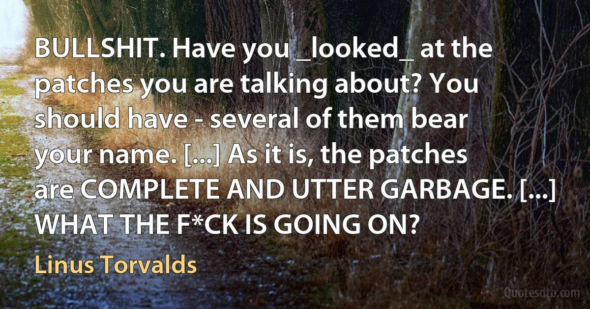 BULLSHIT. Have you _looked_ at the patches you are talking about? You should have - several of them bear your name. [...] As it is, the patches are COMPLETE AND UTTER GARBAGE. [...] WHAT THE F*CK IS GOING ON? (Linus Torvalds)