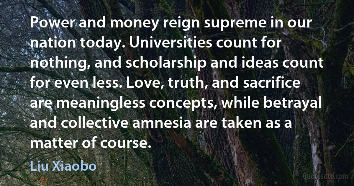 Power and money reign supreme in our nation today. Universities count for nothing, and scholarship and ideas count for even less. Love, truth, and sacrifice are meaningless concepts, while betrayal and collective amnesia are taken as a matter of course. (Liu Xiaobo)