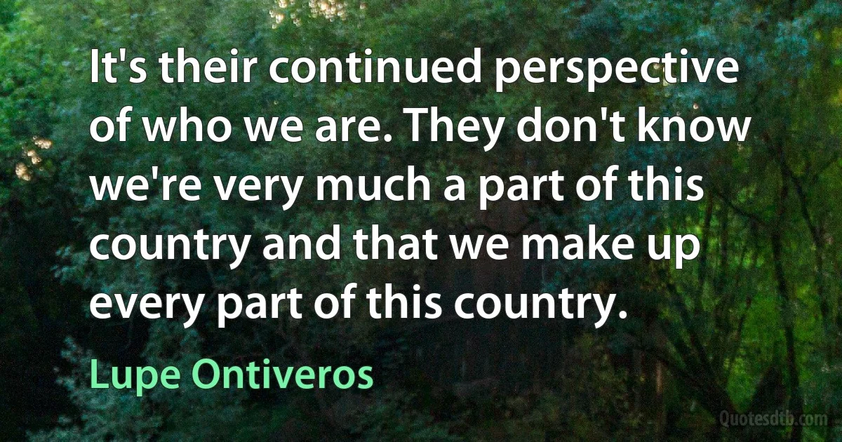 It's their continued perspective of who we are. They don't know we're very much a part of this country and that we make up every part of this country. (Lupe Ontiveros)