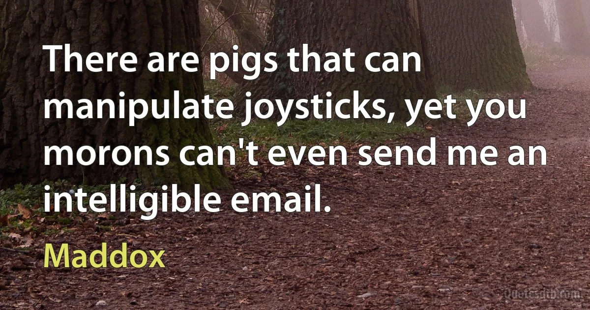 There are pigs that can manipulate joysticks, yet you morons can't even send me an intelligible email. (Maddox)