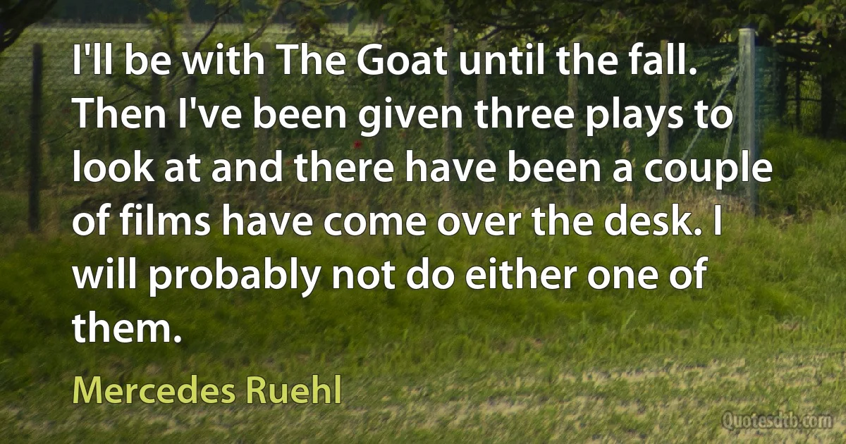 I'll be with The Goat until the fall. Then I've been given three plays to look at and there have been a couple of films have come over the desk. I will probably not do either one of them. (Mercedes Ruehl)