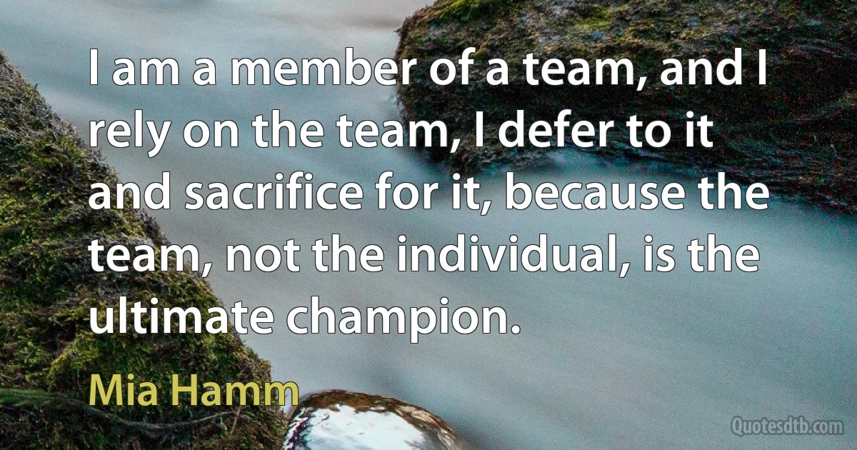 I am a member of a team, and I rely on the team, I defer to it and sacrifice for it, because the team, not the individual, is the ultimate champion. (Mia Hamm)