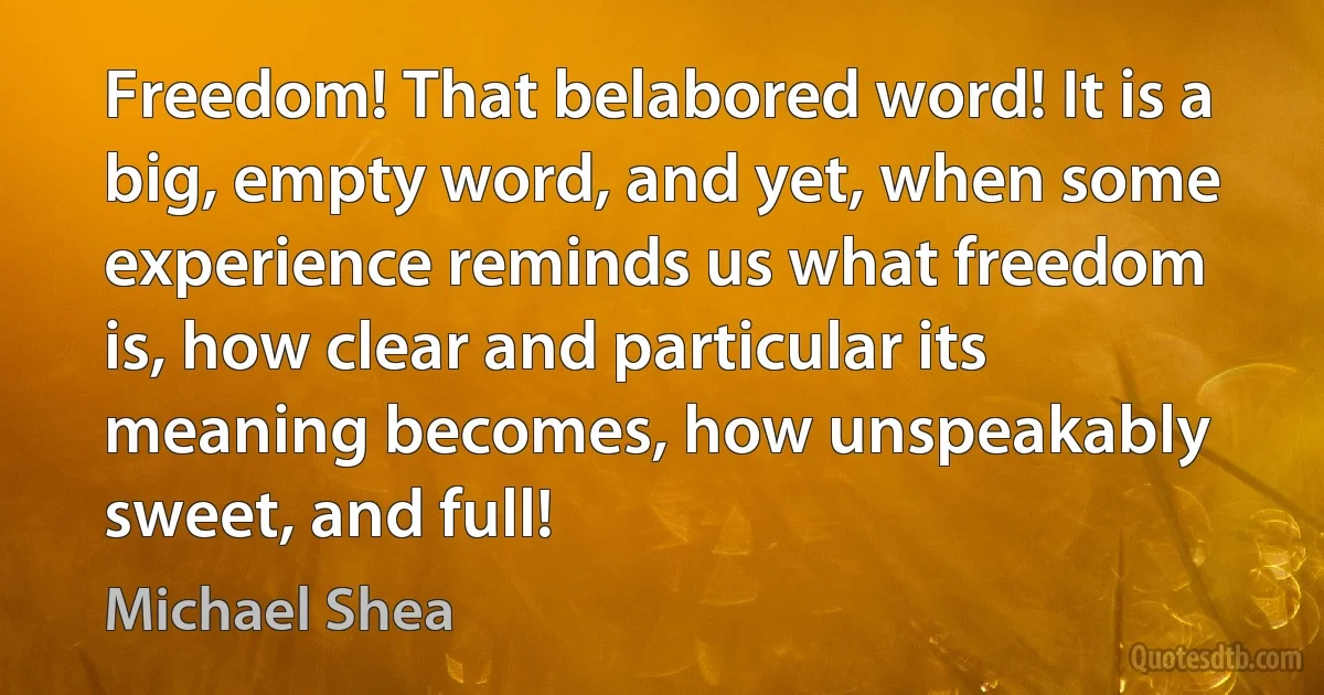 Freedom! That belabored word! It is a big, empty word, and yet, when some experience reminds us what freedom is, how clear and particular its meaning becomes, how unspeakably sweet, and full! (Michael Shea)