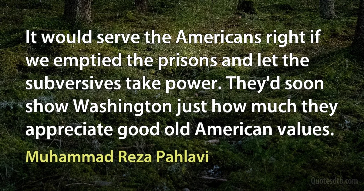 It would serve the Americans right if we emptied the prisons and let the subversives take power. They'd soon show Washington just how much they appreciate good old American values. (Muhammad Reza Pahlavi)