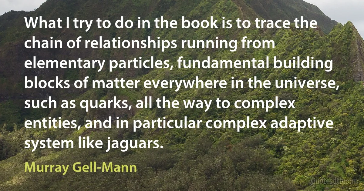 What I try to do in the book is to trace the chain of relationships running from elementary particles, fundamental building blocks of matter everywhere in the universe, such as quarks, all the way to complex entities, and in particular complex adaptive system like jaguars. (Murray Gell-Mann)