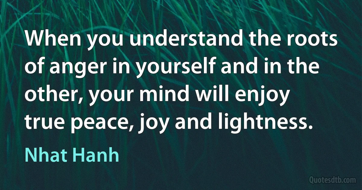 When you understand the roots of anger in yourself and in the other, your mind will enjoy true peace, joy and lightness. (Nhat Hanh)