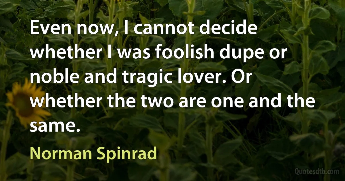 Even now, I cannot decide whether I was foolish dupe or noble and tragic lover. Or whether the two are one and the same. (Norman Spinrad)