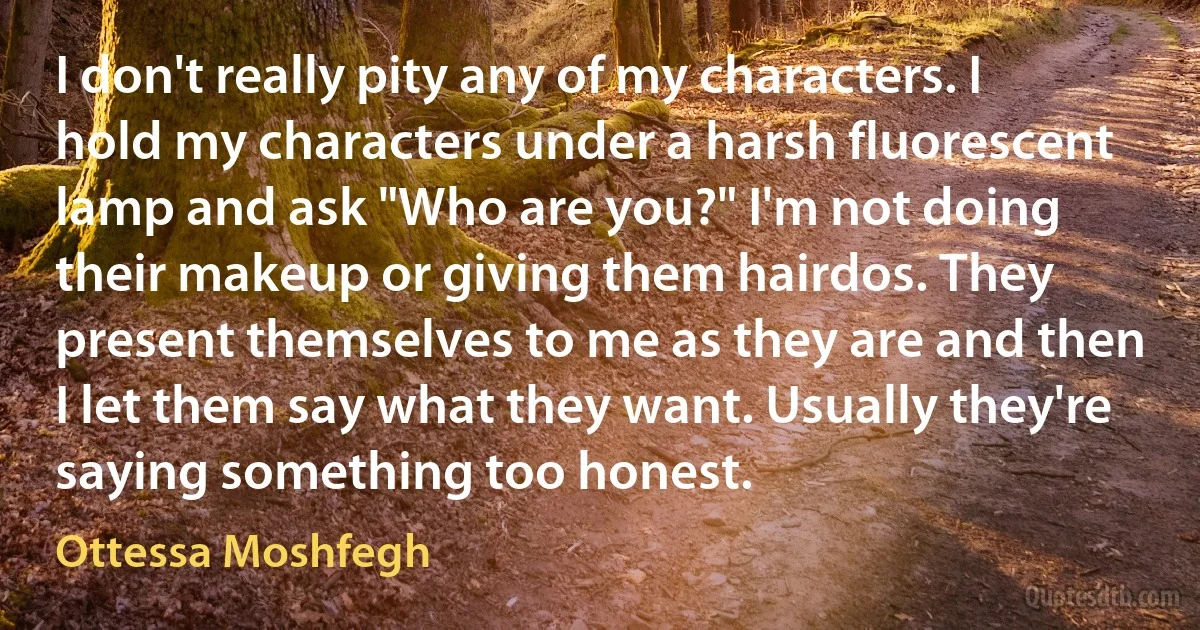 I don't really pity any of my characters. I hold my characters under a harsh fluorescent lamp and ask "Who are you?" I'm not doing their makeup or giving them hairdos. They present themselves to me as they are and then I let them say what they want. Usually they're saying something too honest. (Ottessa Moshfegh)