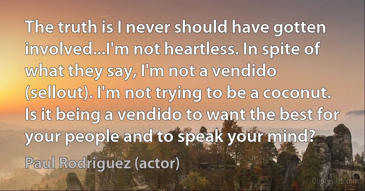 The truth is I never should have gotten involved...I'm not heartless. In spite of what they say, I'm not a vendido (sellout). I'm not trying to be a coconut. Is it being a vendido to want the best for your people and to speak your mind? (Paul Rodriguez (actor))