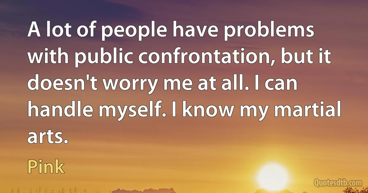 A lot of people have problems with public confrontation, but it doesn't worry me at all. I can handle myself. I know my martial arts. (Pink)