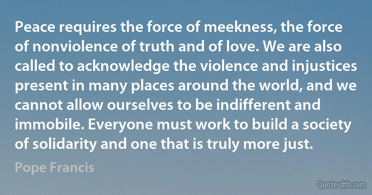 Peace requires the force of meekness, the force of nonviolence of truth and of love. We are also called to acknowledge the violence and injustices present in many places around the world, and we cannot allow ourselves to be indifferent and immobile. Everyone must work to build a society of solidarity and one that is truly more just. (Pope Francis)