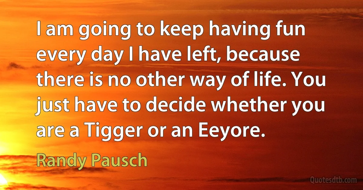 I am going to keep having fun every day I have left, because there is no other way of life. You just have to decide whether you are a Tigger or an Eeyore. (Randy Pausch)