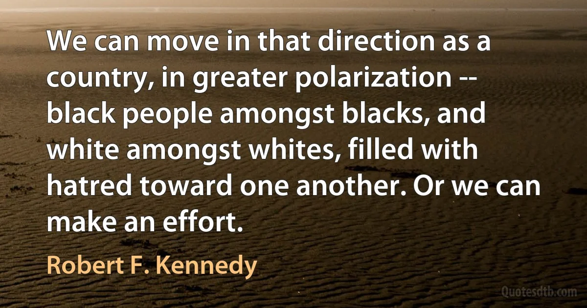 We can move in that direction as a country, in greater polarization -- black people amongst blacks, and white amongst whites, filled with hatred toward one another. Or we can make an effort. (Robert F. Kennedy)