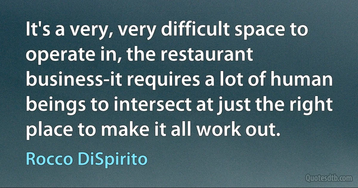 It's a very, very difficult space to operate in, the restaurant business-it requires a lot of human beings to intersect at just the right place to make it all work out. (Rocco DiSpirito)