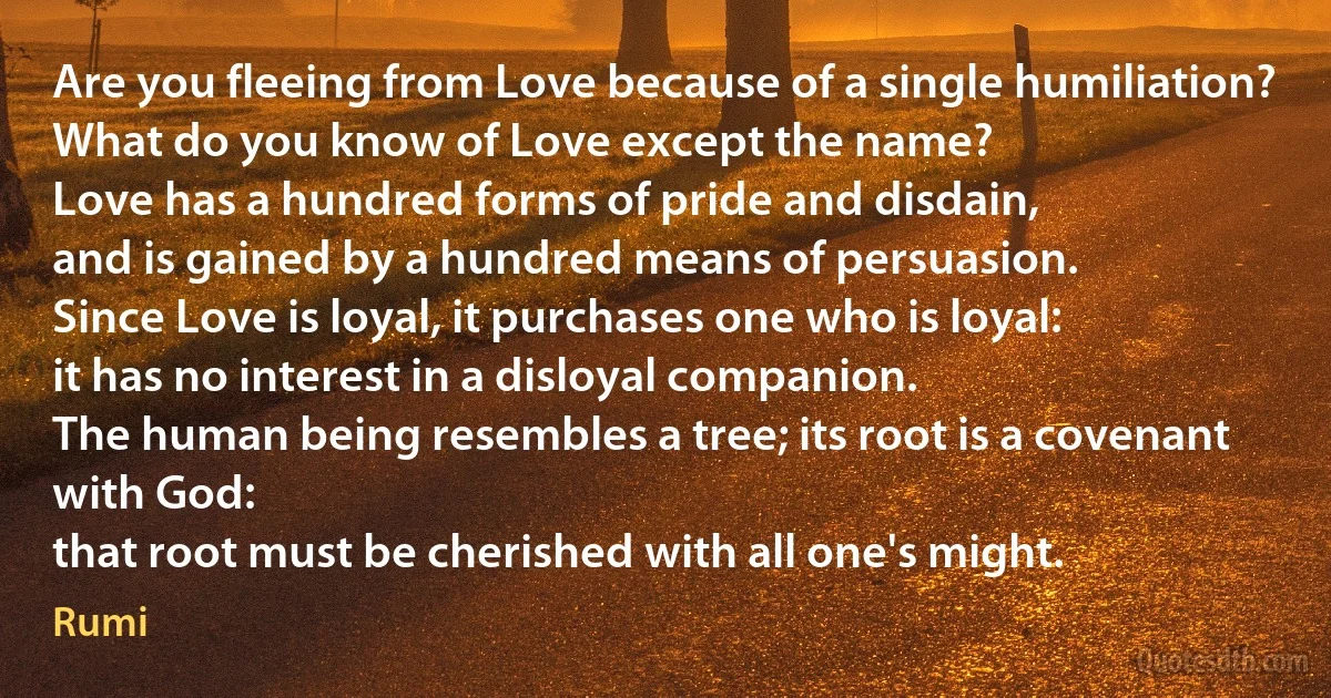 Are you fleeing from Love because of a single humiliation?
What do you know of Love except the name?
Love has a hundred forms of pride and disdain,
and is gained by a hundred means of persuasion.
Since Love is loyal, it purchases one who is loyal:
it has no interest in a disloyal companion.
The human being resembles a tree; its root is a covenant with God:
that root must be cherished with all one's might. (Rumi)