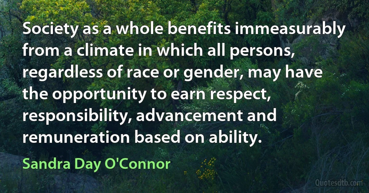 Society as a whole benefits immeasurably from a climate in which all persons, regardless of race or gender, may have the opportunity to earn respect, responsibility, advancement and remuneration based on ability. (Sandra Day O'Connor)